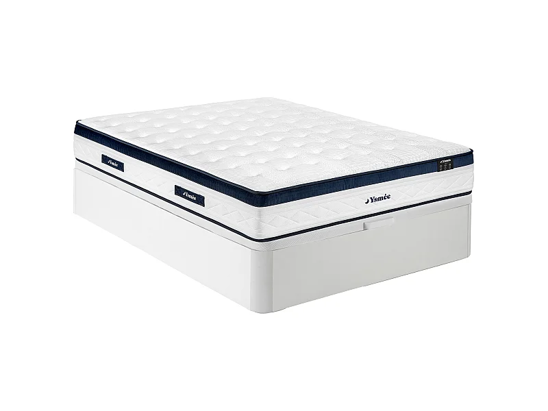 Set 140 x 190 cm - Bettkasten weiß - Taschenfederkernmatratze 5 Zonen - Kühlender Bezug - Höhe 28 cm - KOROVOU von YSMÉE