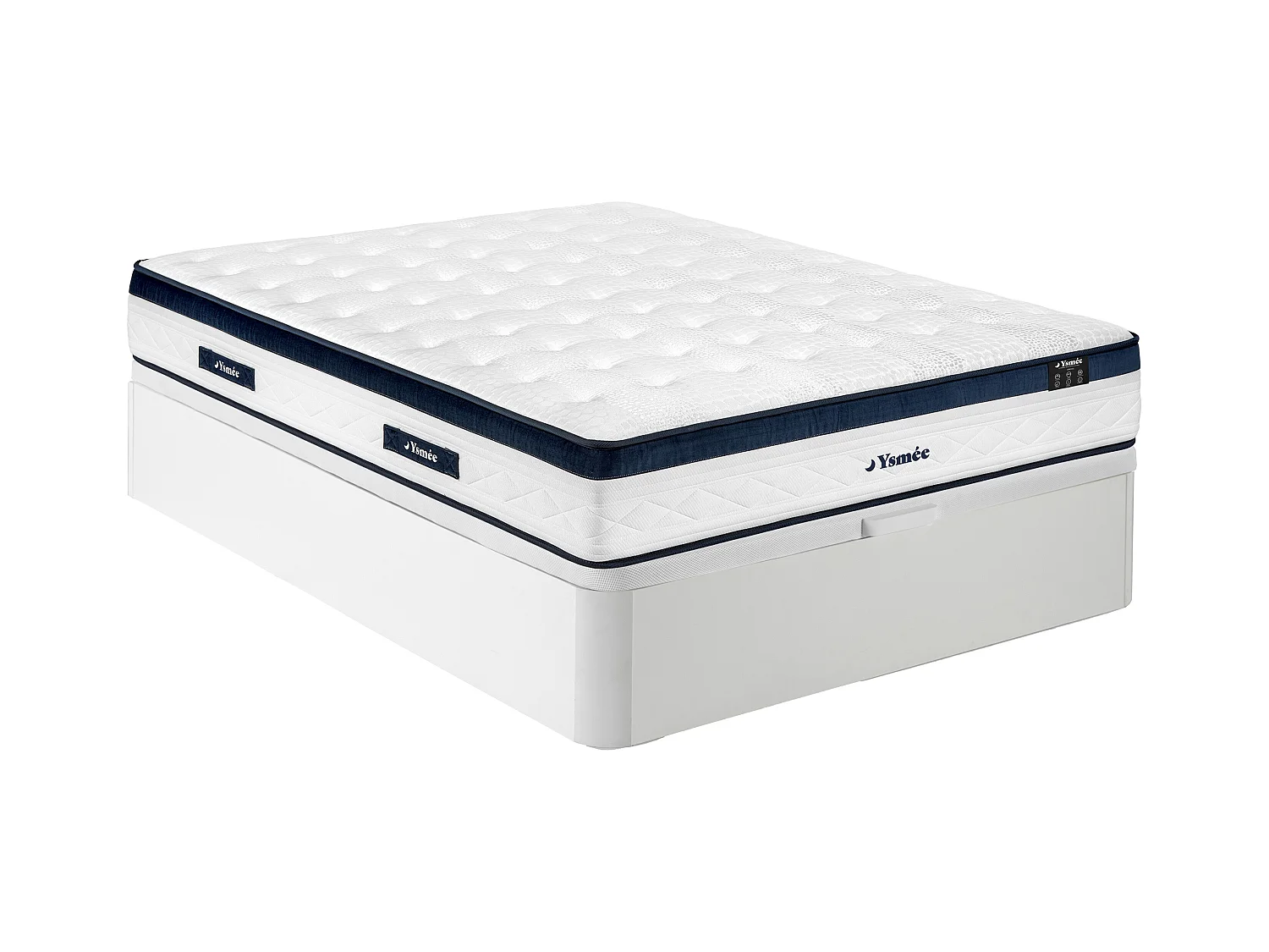 Conjunto 160 x 200 cm com sommier com espaço de arrumação branco + colchão de molas ensacadas 5 zonas, cotim refrescante, espessura 28 cm – KOROVOU da YSMÉE