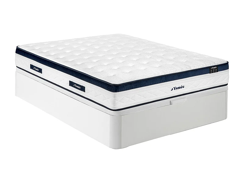 Zestaw 160 x 200 cm: łóżko kontynentalne ze skrzynią w kolorze białym + materac sprężynowy kieszeniowy 5-strefowy, pokrowiec chłodzący, grubość 28 cm – KOROVOU by YSMÉE