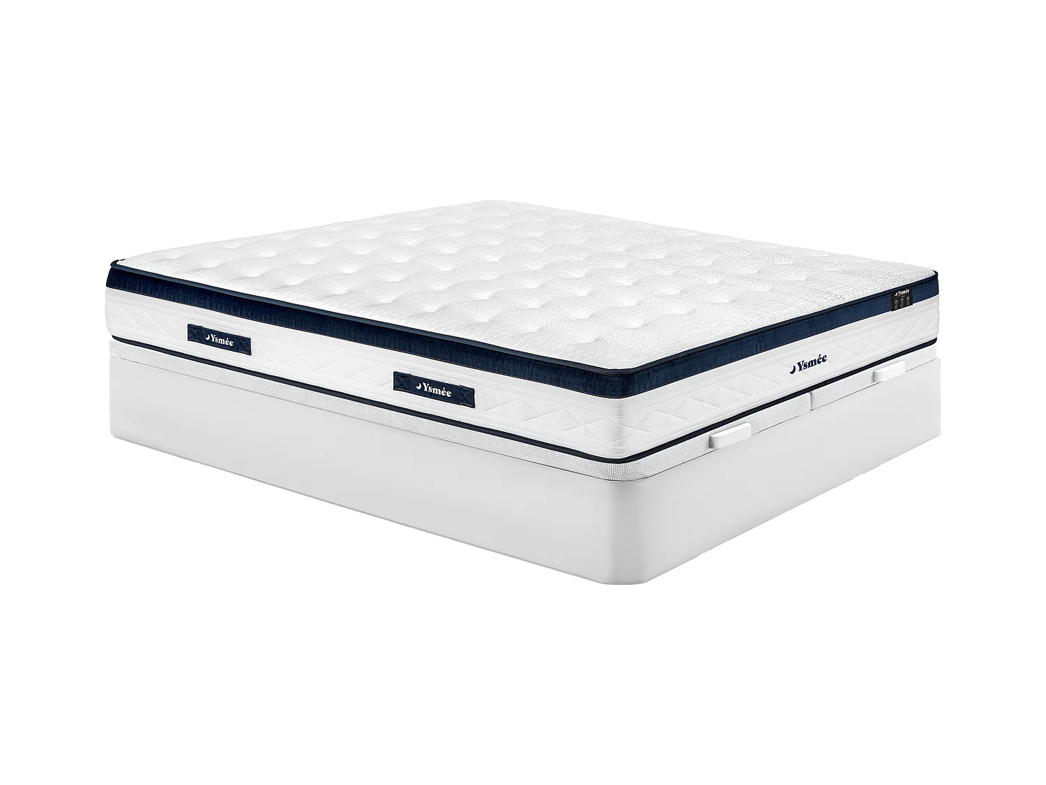 Conjunto 180 x 200 cm com sommier com espaço de arrumação branco + colchão de molas ensacadas 5 zonas, cotim refrescante, espessura 28 cm – KOROVOU da YSMÉE