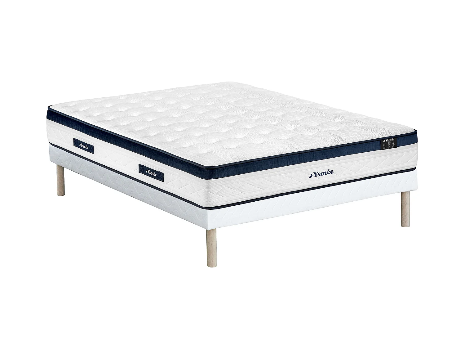 Conjunto 160 x 200 cm com sommier estofado  + colchão de molas ensacadas 5 zonas, cotim refrescante, espessura 28 cm – KOROVOU da YSMÉE
