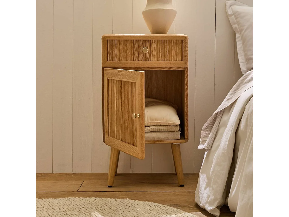 Chevet 1 porte et 1 tiroir avec façades lamellées H71 cm - AVA