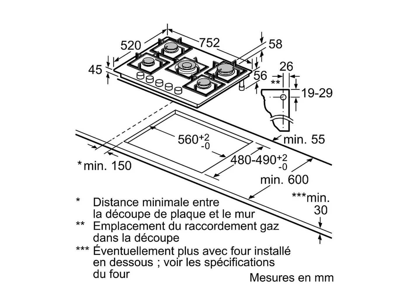 Bosch Table de cuisson gaz 75cm 5 feux 11500w noir - PPQ7A6I40