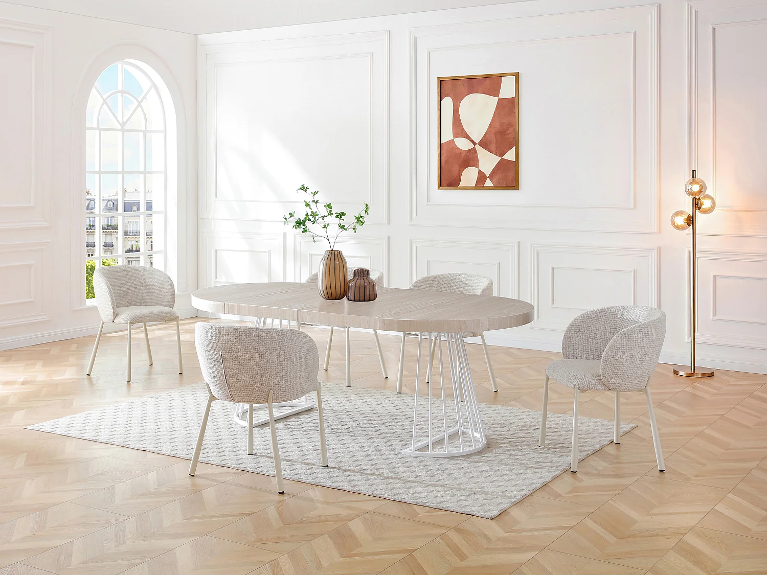 Table à manger extensible 2 à 12 personnes en MDF et acier - Effet travertin beige et blanc - FIRELA