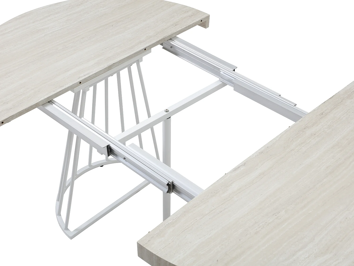 Table à manger extensible 2 à 12 personnes en MDF et acier - Effet travertin beige et blanc - FIRELA