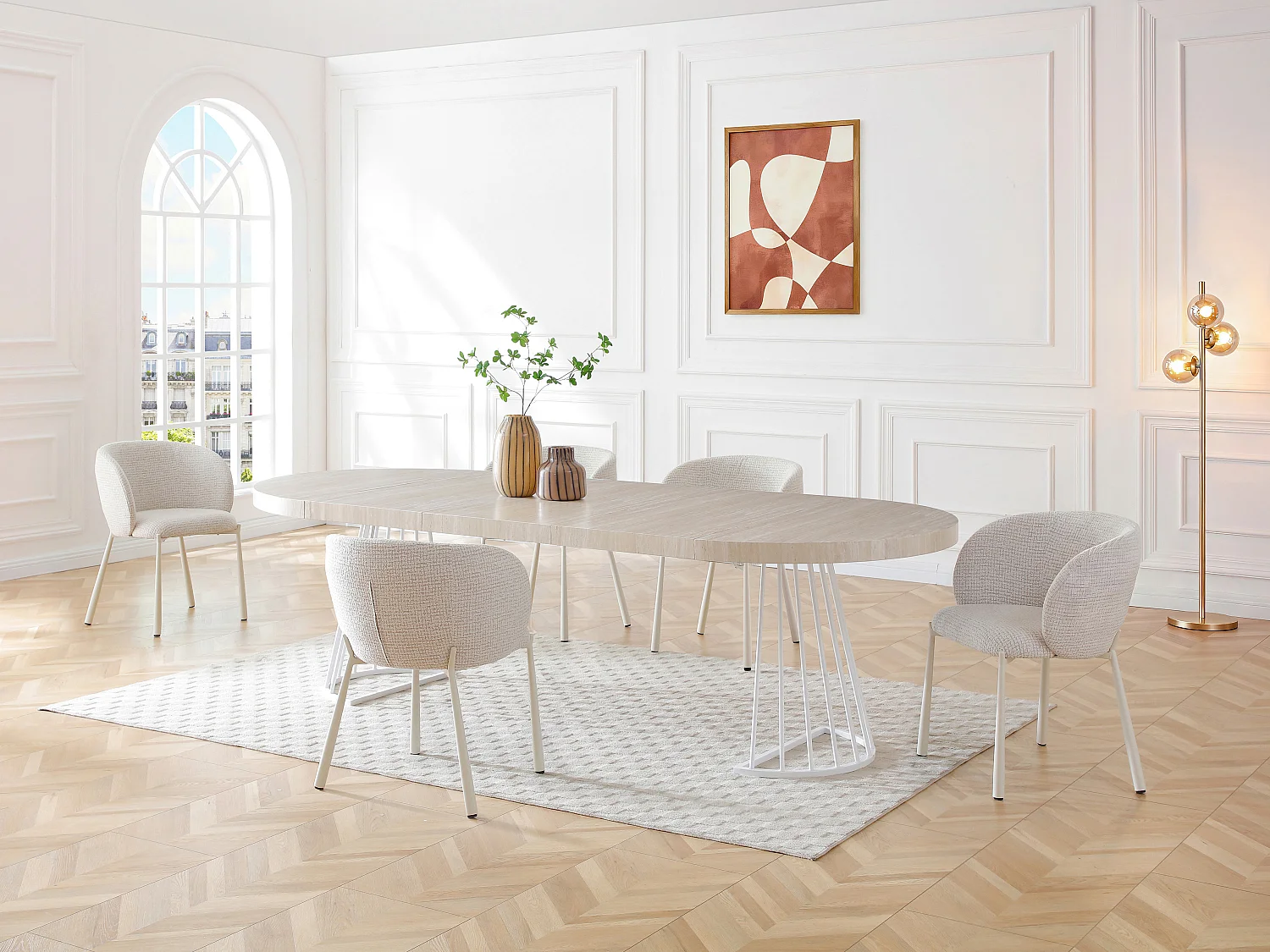 Table à manger extensible 2 à 12 personnes en MDF et acier - Effet travertin beige et blanc - FIRELA