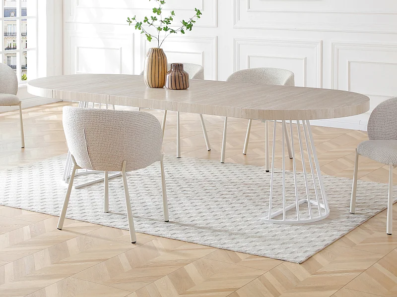 Table à manger extensible 2 à 12 personnes en MDF et acier - Effet travertin beige et blanc - FIRELA