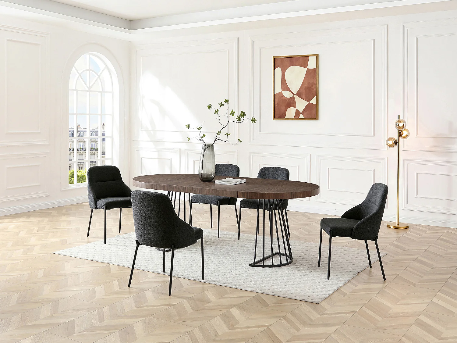 Table à manger extensible 2 à 12 personnes en MDF et acier - Naturel foncé et noir - FIRELA