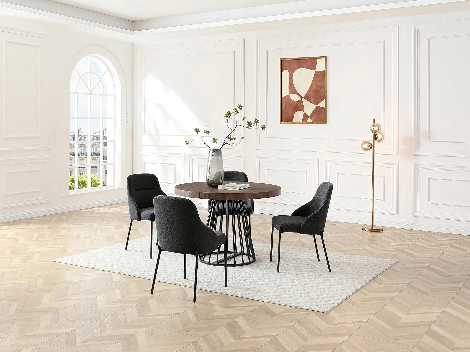 Table à manger extensible 2 à 12 personnes en MDF et acier - Naturel foncé et noir - FIRELA