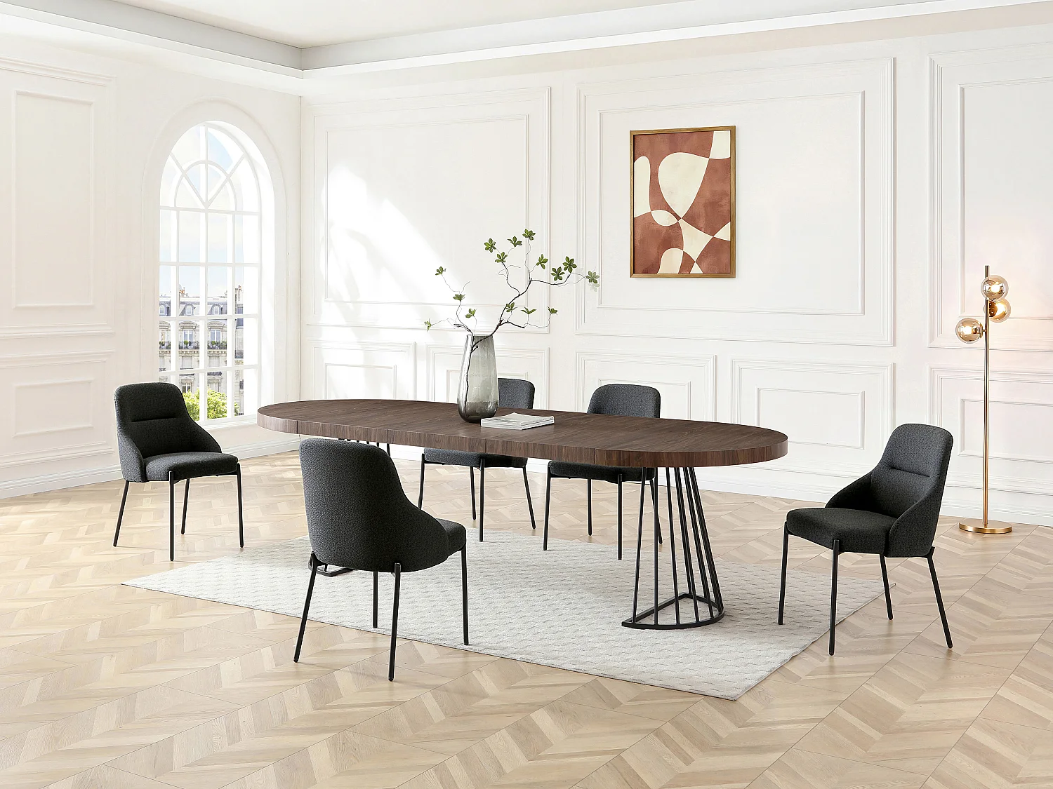 Table à manger extensible 2 à 12 personnes en MDF et acier - Naturel foncé et noir - FIRELA