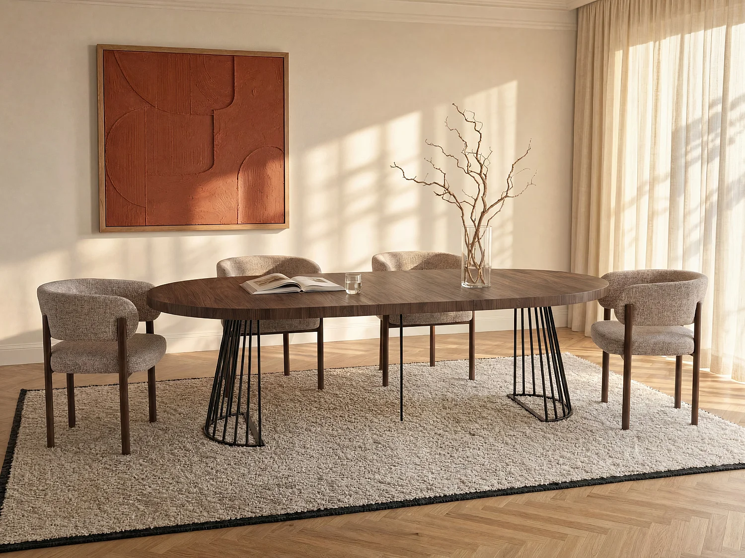 Mesa de comedor extensible de 2 a 12 personas en MDF y acero - Marrón oscuro natural y negro - FIRELA