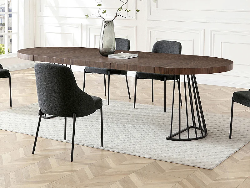Table à manger extensible 2 à 12 personnes en MDF et acier - Naturel foncé et noir - FIRELA