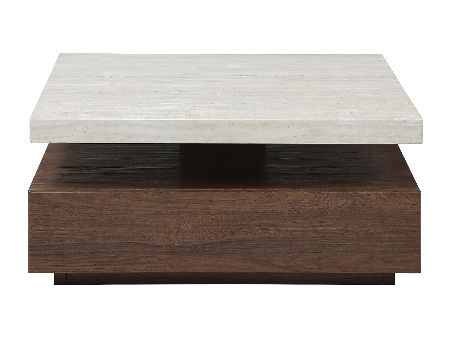 Table basse pivotante avec 1 tiroir en MDF - Effet travertin et naturel foncé - KYRIA