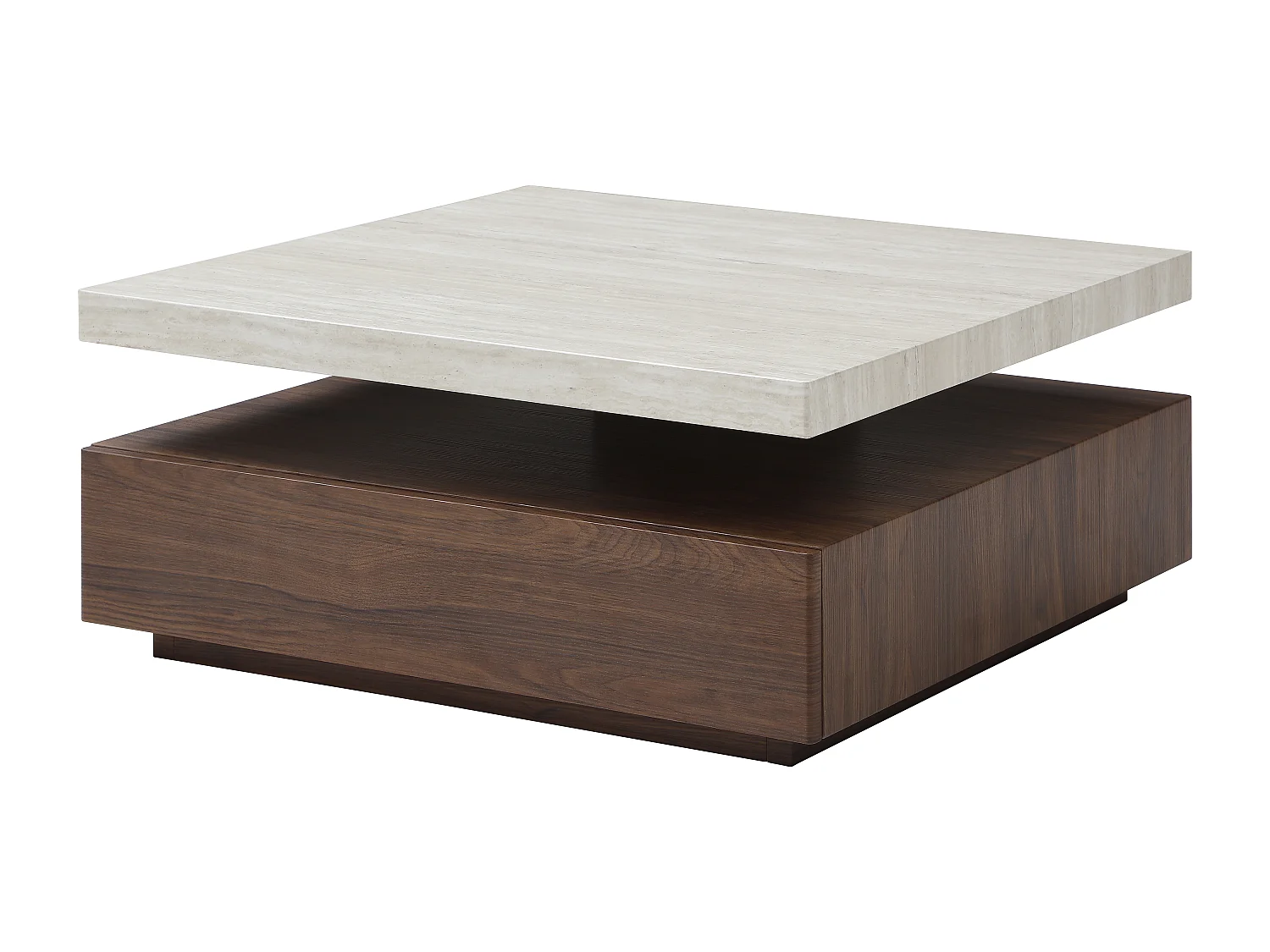 Table basse pivotante avec 1 tiroir en MDF - Effet travertin et naturel foncé - KYRIA