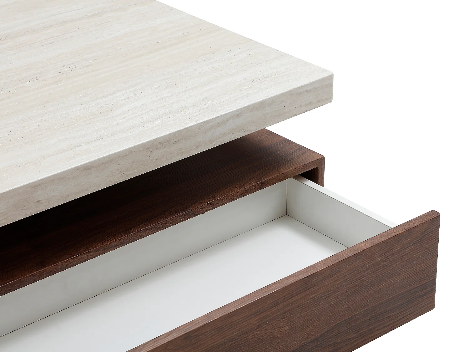 Table basse pivotante avec 1 tiroir en MDF - Effet travertin et naturel foncé - KYRIA