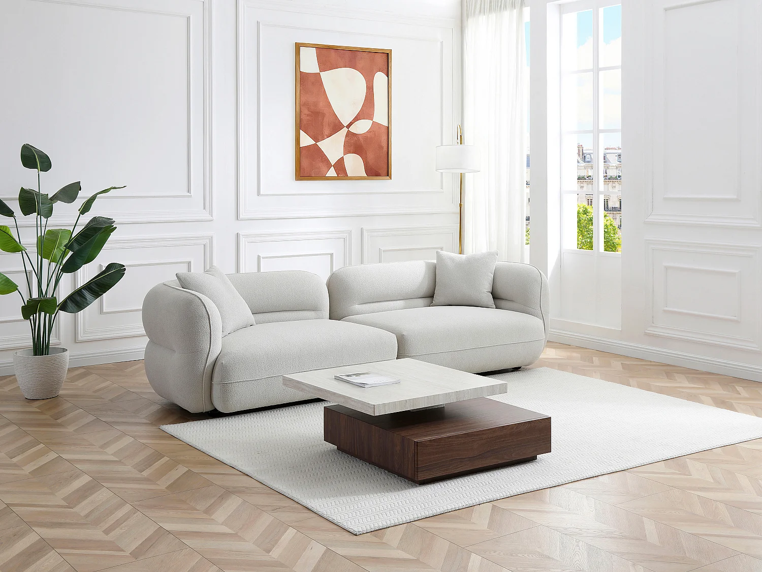 Table basse pivotante avec 1 tiroir en MDF - Effet travertin et naturel foncé - KYRIA