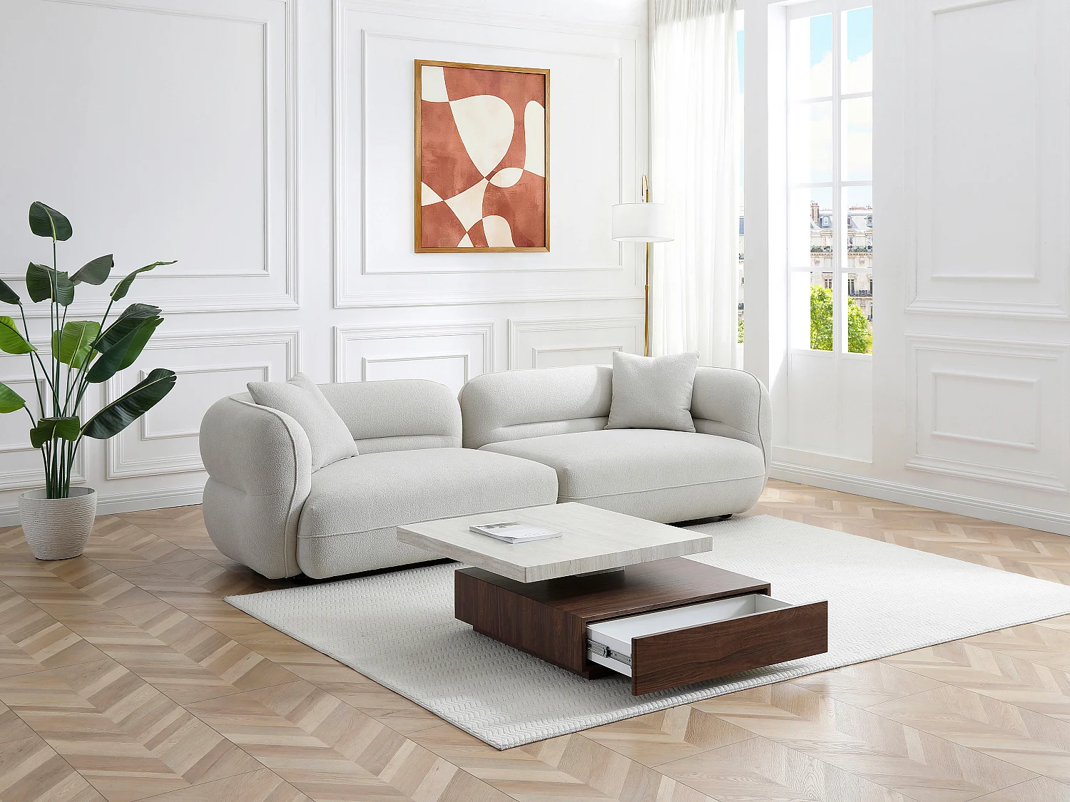 Table basse pivotante avec 1 tiroir en MDF - Effet travertin et naturel foncé - KYRIA