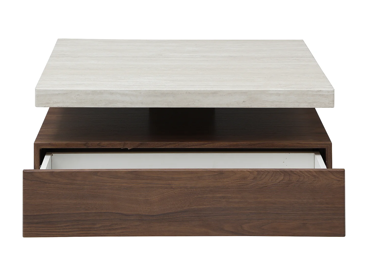 Tavolino girevole con 1 cassetto in MDF Effetto travertino e Naturale scuro - KYRIA