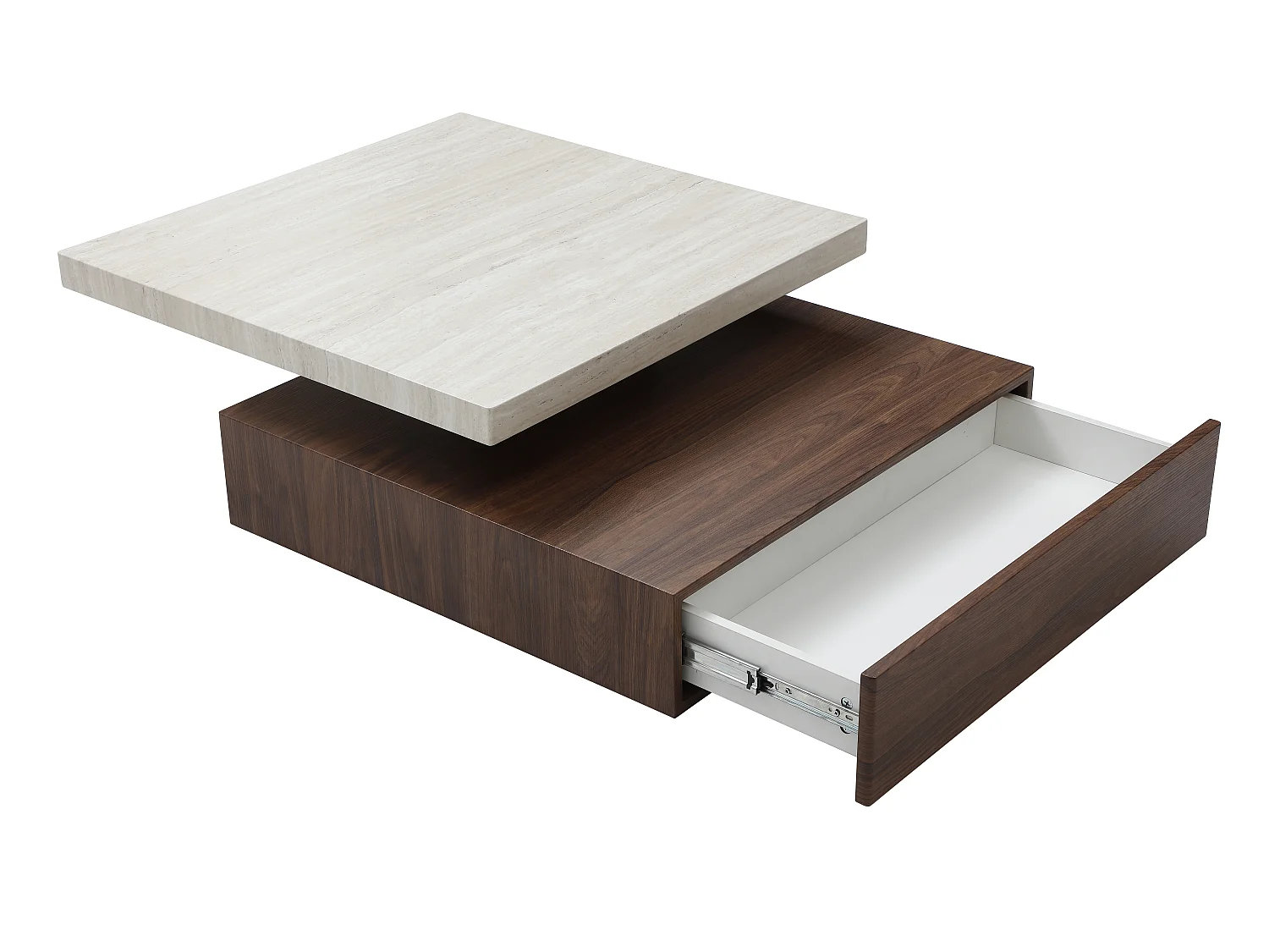 Tavolino girevole con 1 cassetto in MDF Effetto travertino e Naturale scuro - KYRIA