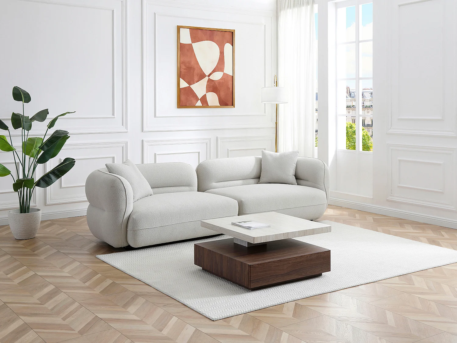 Tavolino girevole con 1 cassetto in MDF Effetto travertino e Naturale scuro - KYRIA