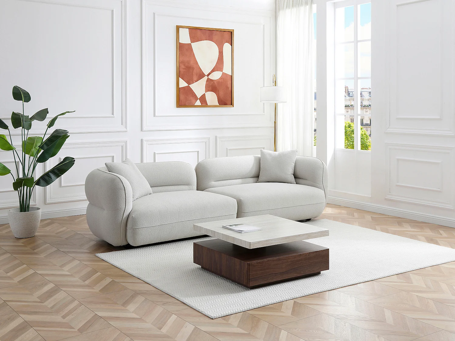 Tavolino girevole con 1 cassetto in MDF Effetto travertino e Naturale scuro - KYRIA