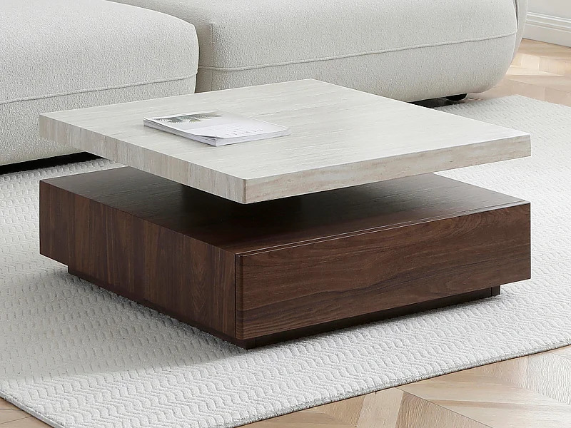 Table basse pivotante avec 1 tiroir en MDF - Effet travertin et naturel foncé - KYRIA