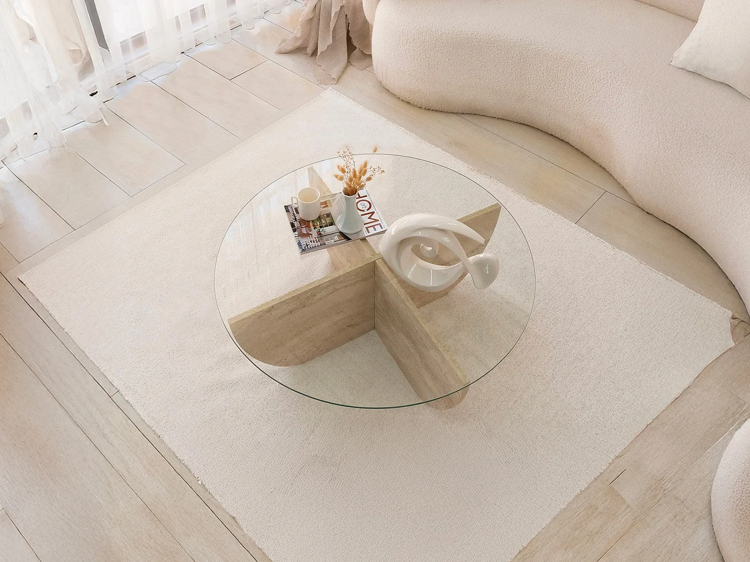 Table basse en verre trempé - Effet travertin et Transparent - AYSUN