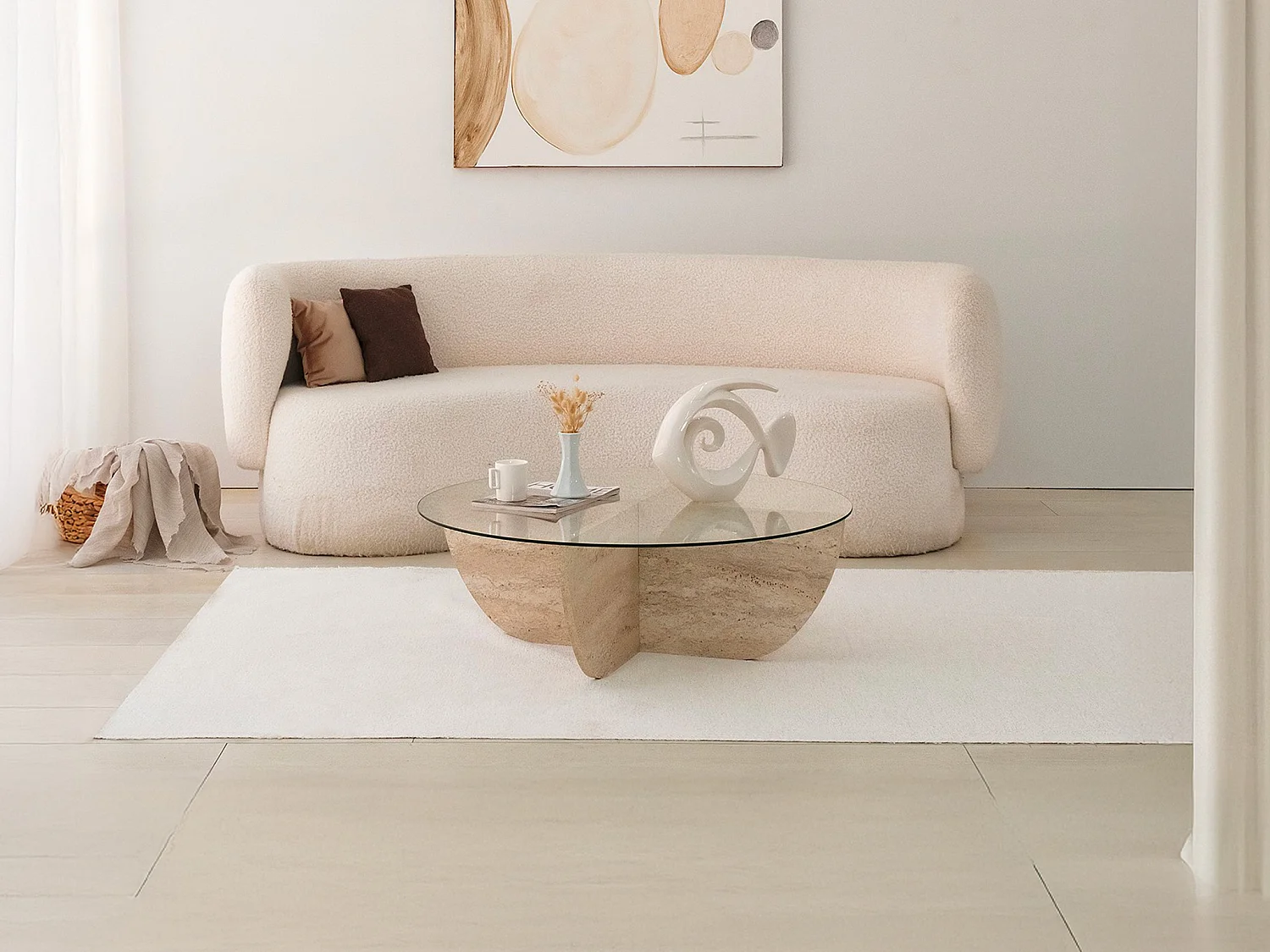 Table basse en verre trempé - Effet travertin et Transparent - AYSUN