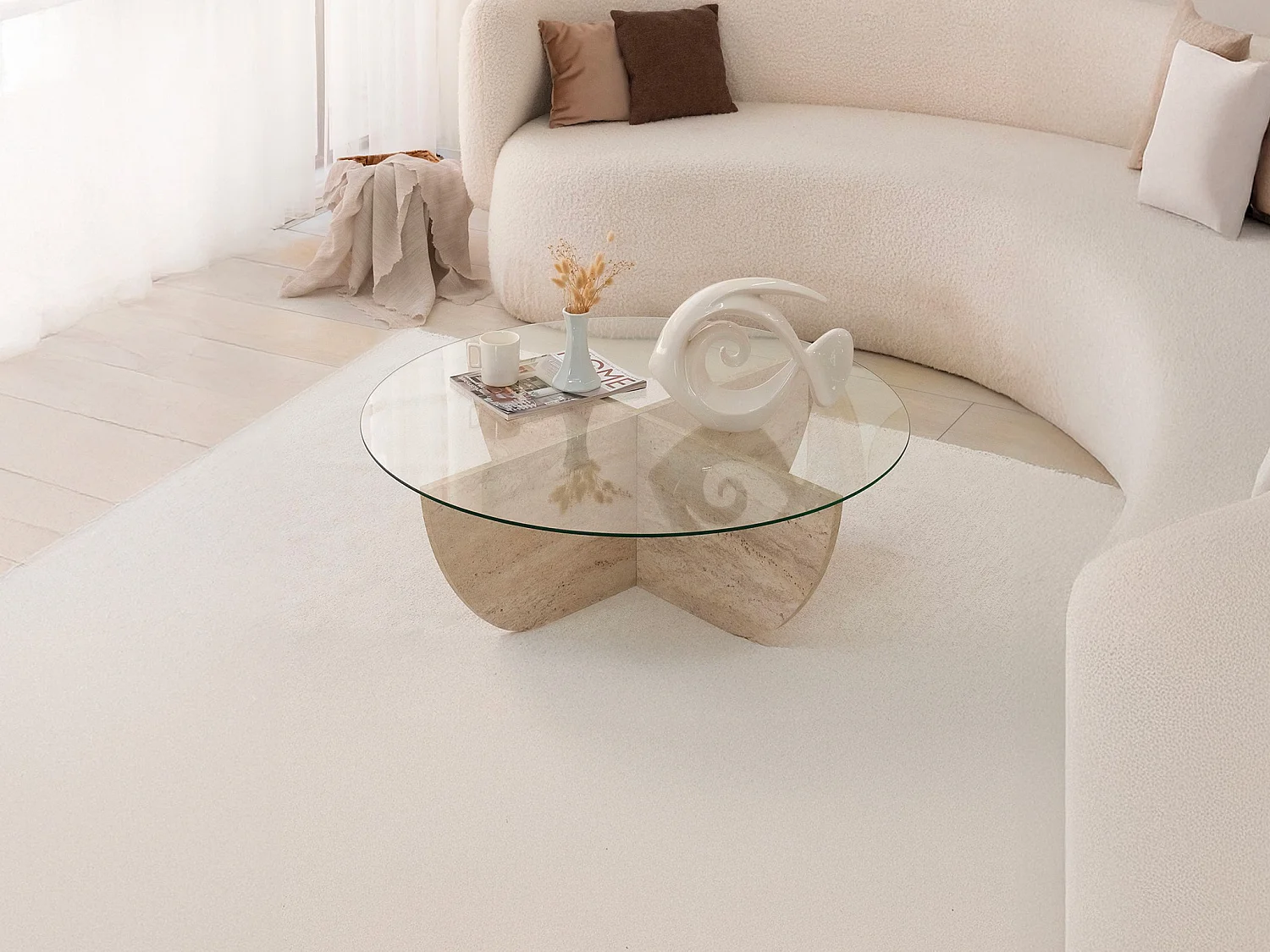 Table basse en verre trempé - Effet travertin et Transparent - AYSUN