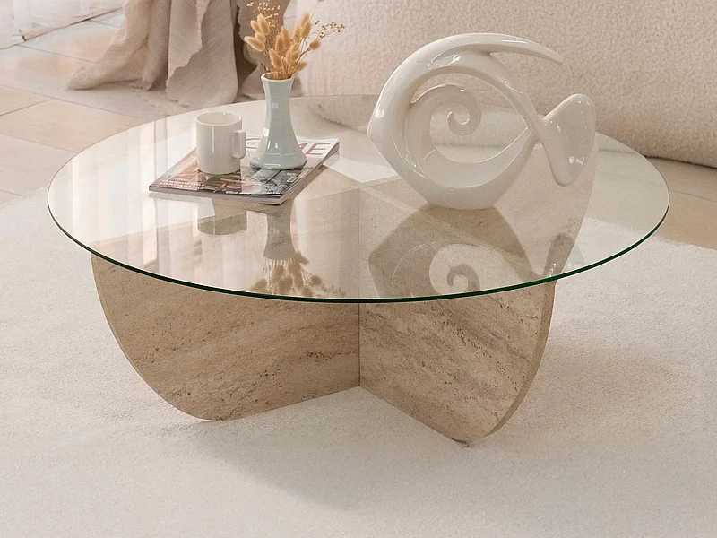 Table basse en verre trempé - Effet travertin et Transparent - AYSUN