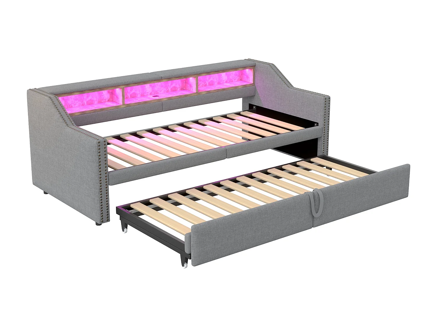 Canapé-lit extensible 90/180 x 200 cm, lumière LED et prise USB, avec sommier à lattes, gris clair