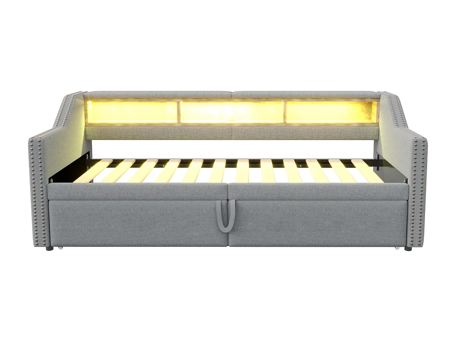 Canapé-lit extensible 90/180 x 200 cm, lumière LED et prise USB, avec sommier à lattes, gris clair