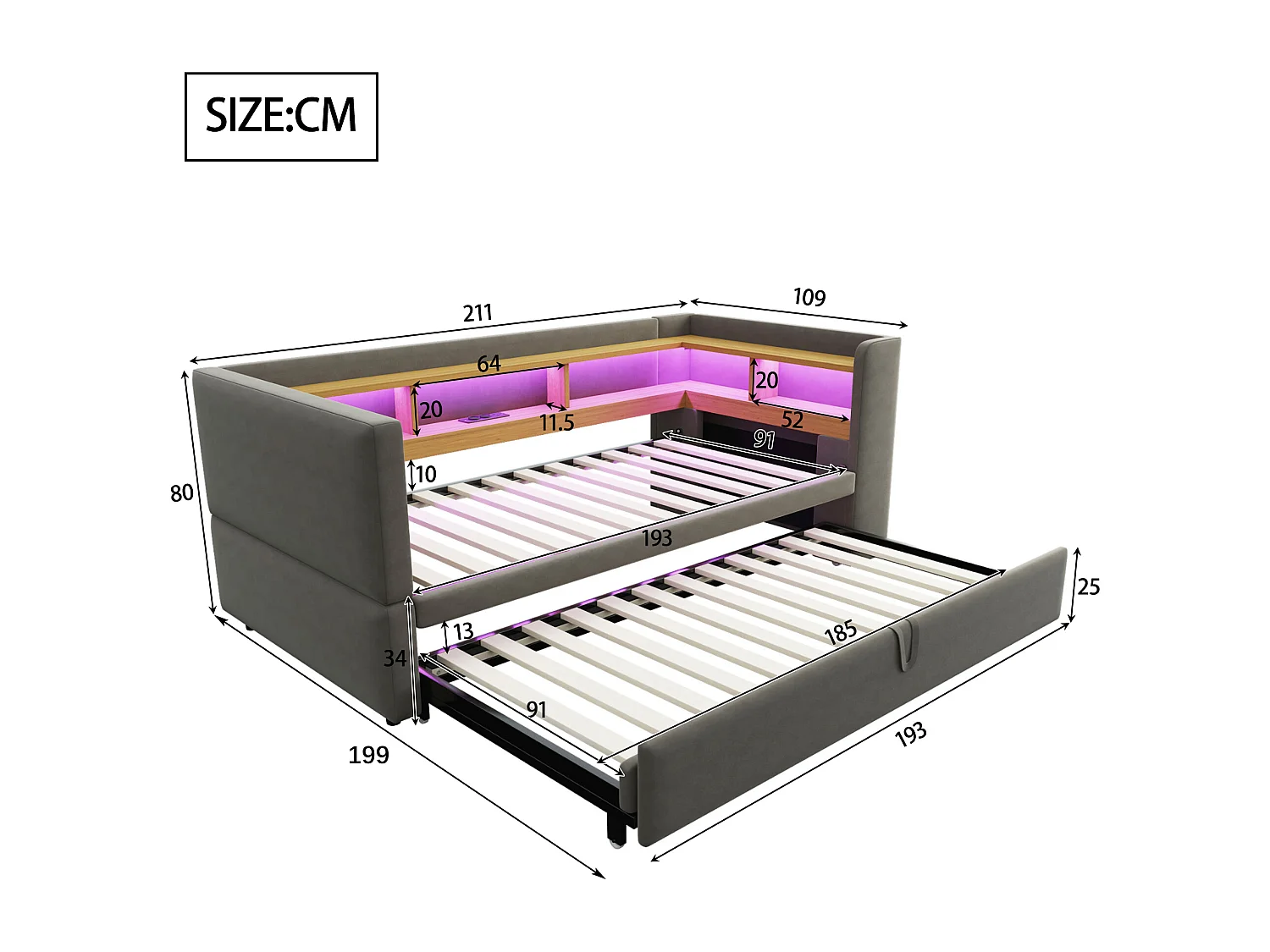 Canapé lit 2 Places Convertible 180 x 190 cm avec LED et USB,Lit rembourré avec Rangement,Gris foncé