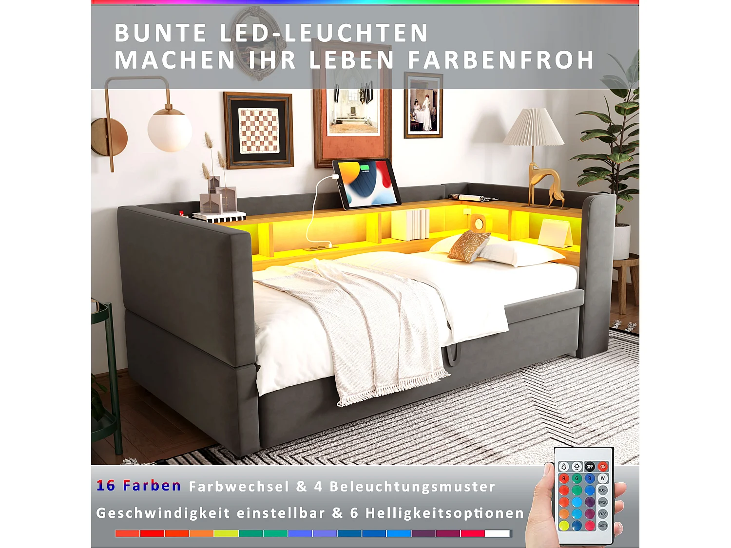 Canapé lit 2 Places Convertible 180 x 190 cm avec LED et USB,Lit rembourré avec Rangement,Gris foncé