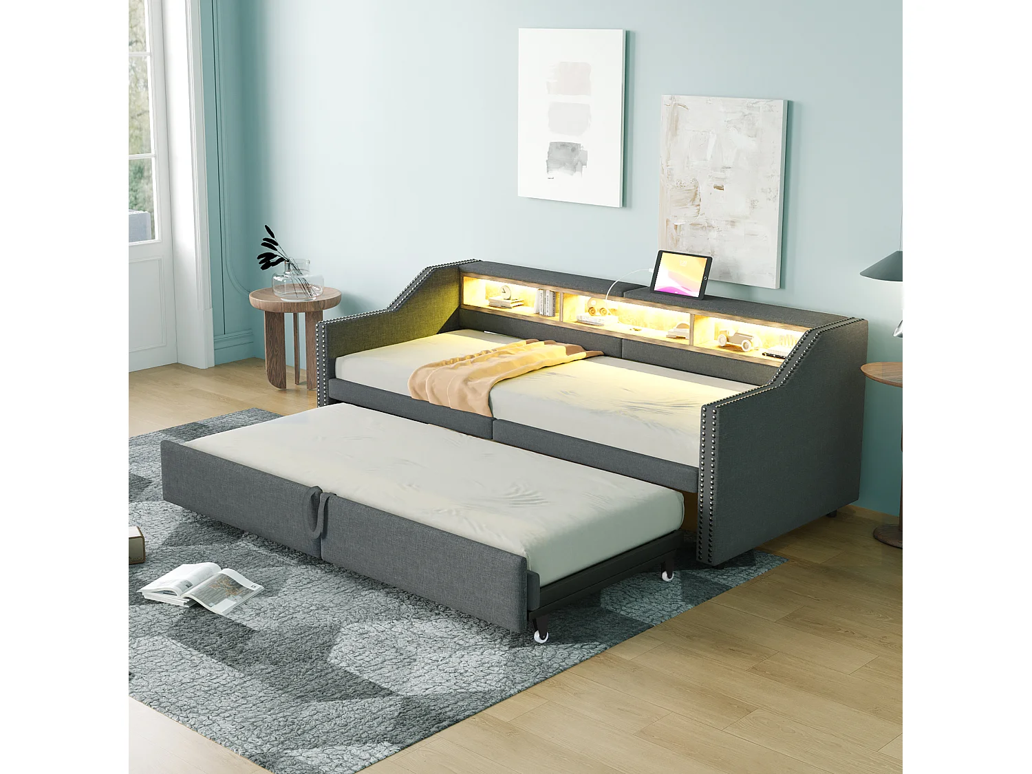 Canapé-lit extensible 90/180 x 200 cm, lumière LED et prise USB, avec sommier à lattes, gris foncé