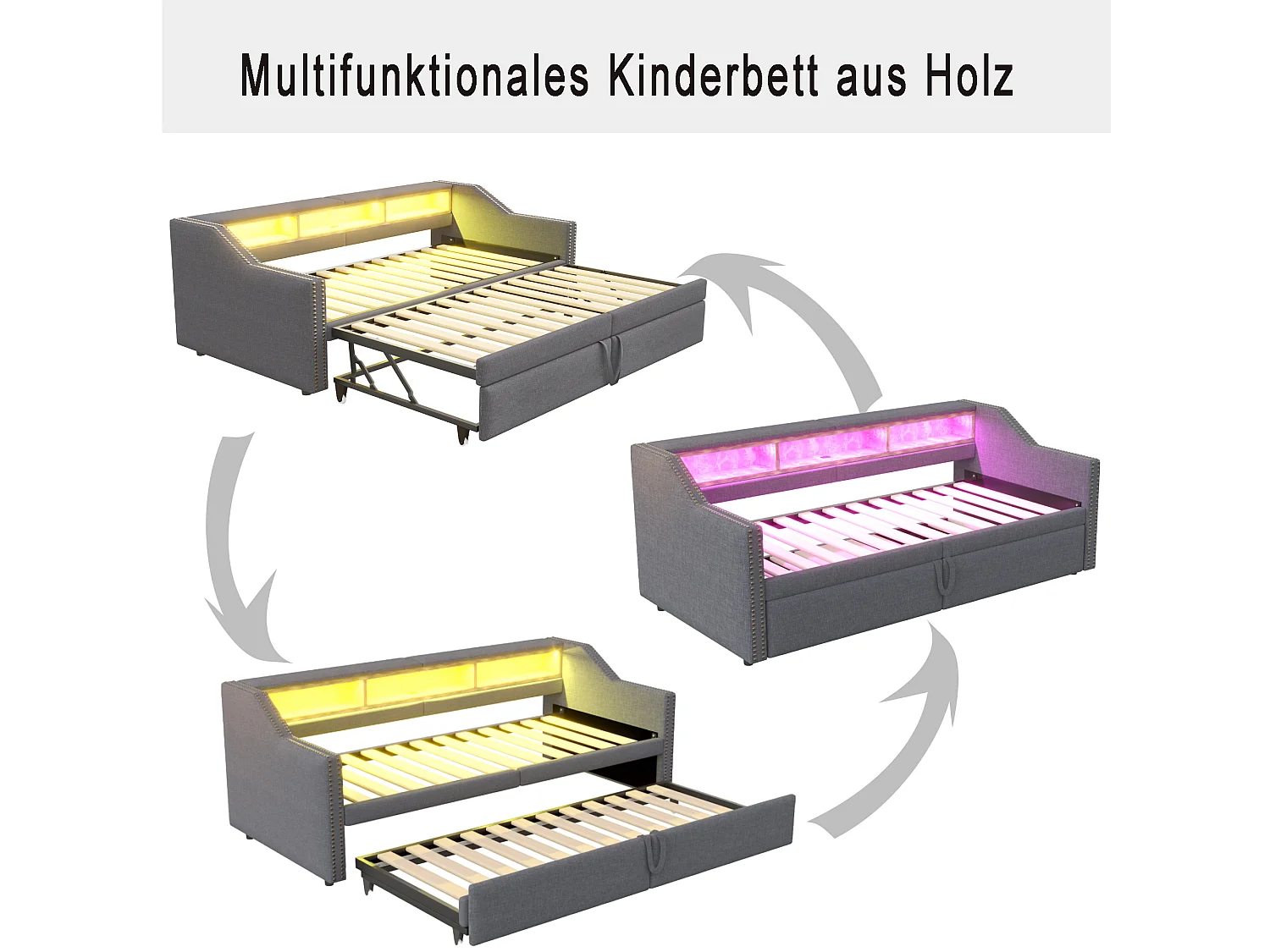 Canapé-lit extensible 90/180 x 200 cm, lumière LED et prise USB, avec sommier à lattes, gris foncé