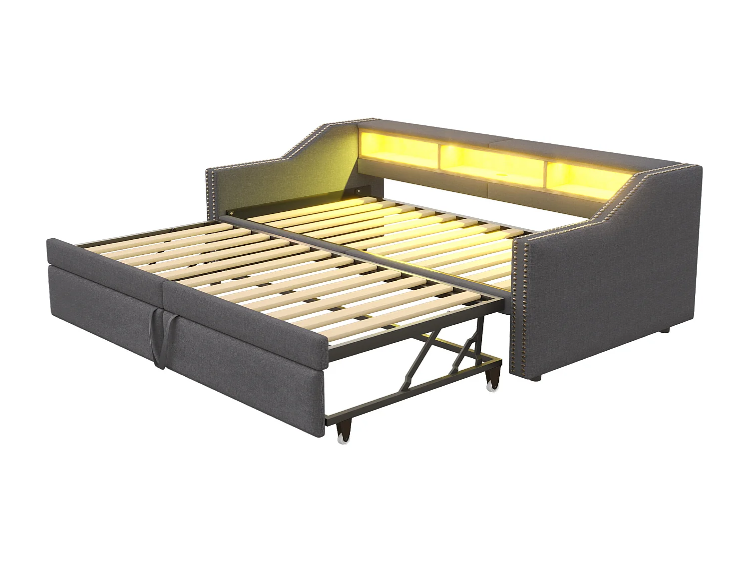 Canapé-lit extensible 90/180 x 200 cm, lumière LED et prise USB, avec sommier à lattes, gris foncé