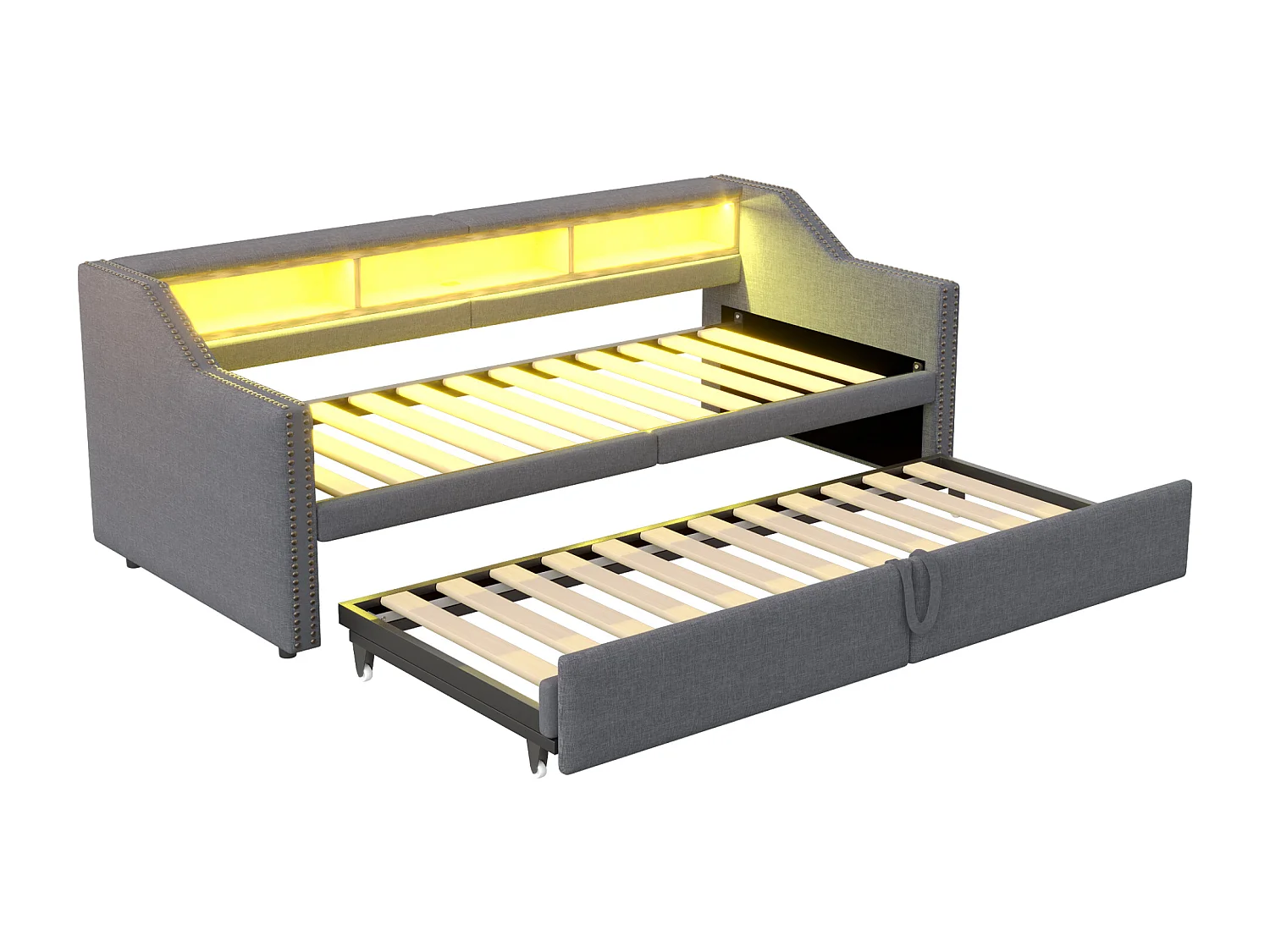 Canapé-lit extensible 90/180 x 200 cm, lumière LED et prise USB, avec sommier à lattes, gris foncé