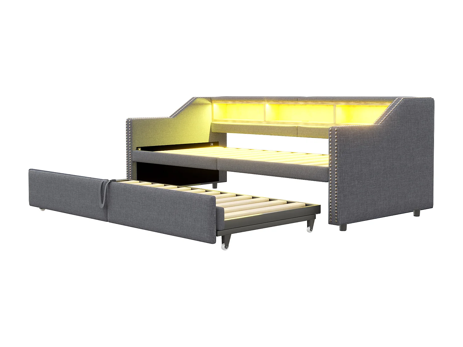 Canapé-lit extensible 90/180 x 200 cm, lumière LED et prise USB, avec sommier à lattes, gris foncé