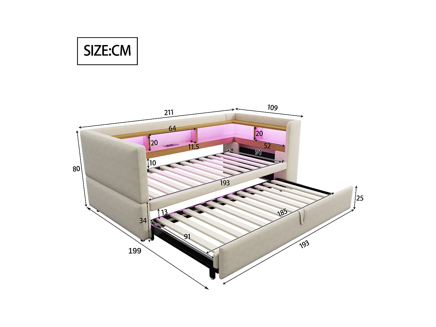 Sofá-cama conversível de 2 lugares 180 x 190 cm com LED e USB, cama estofada com armazenamento, bege