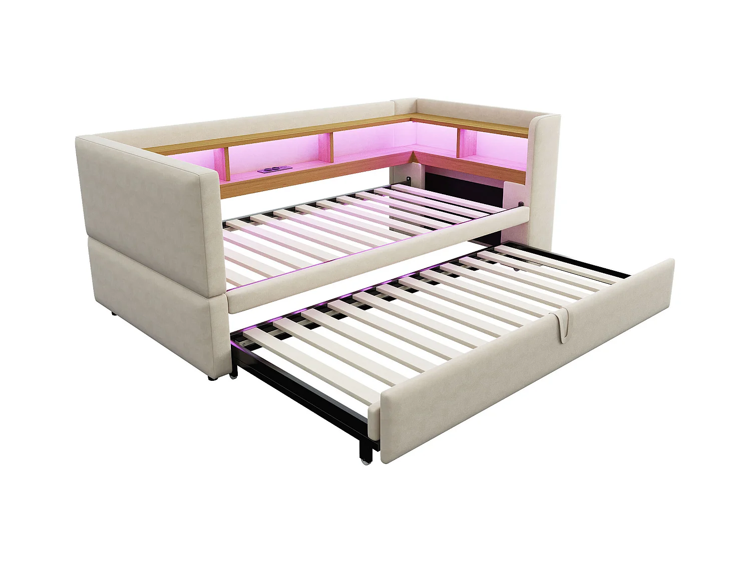 Sofá-cama conversível de 2 lugares 180 x 190 cm com LED e USB, cama estofada com armazenamento, bege
