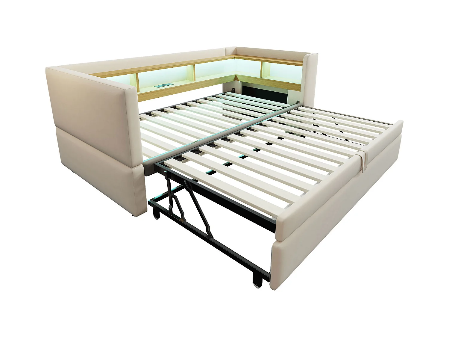 Sofá-cama conversível de 2 lugares 180 x 190 cm com LED e USB, cama estofada com armazenamento, bege