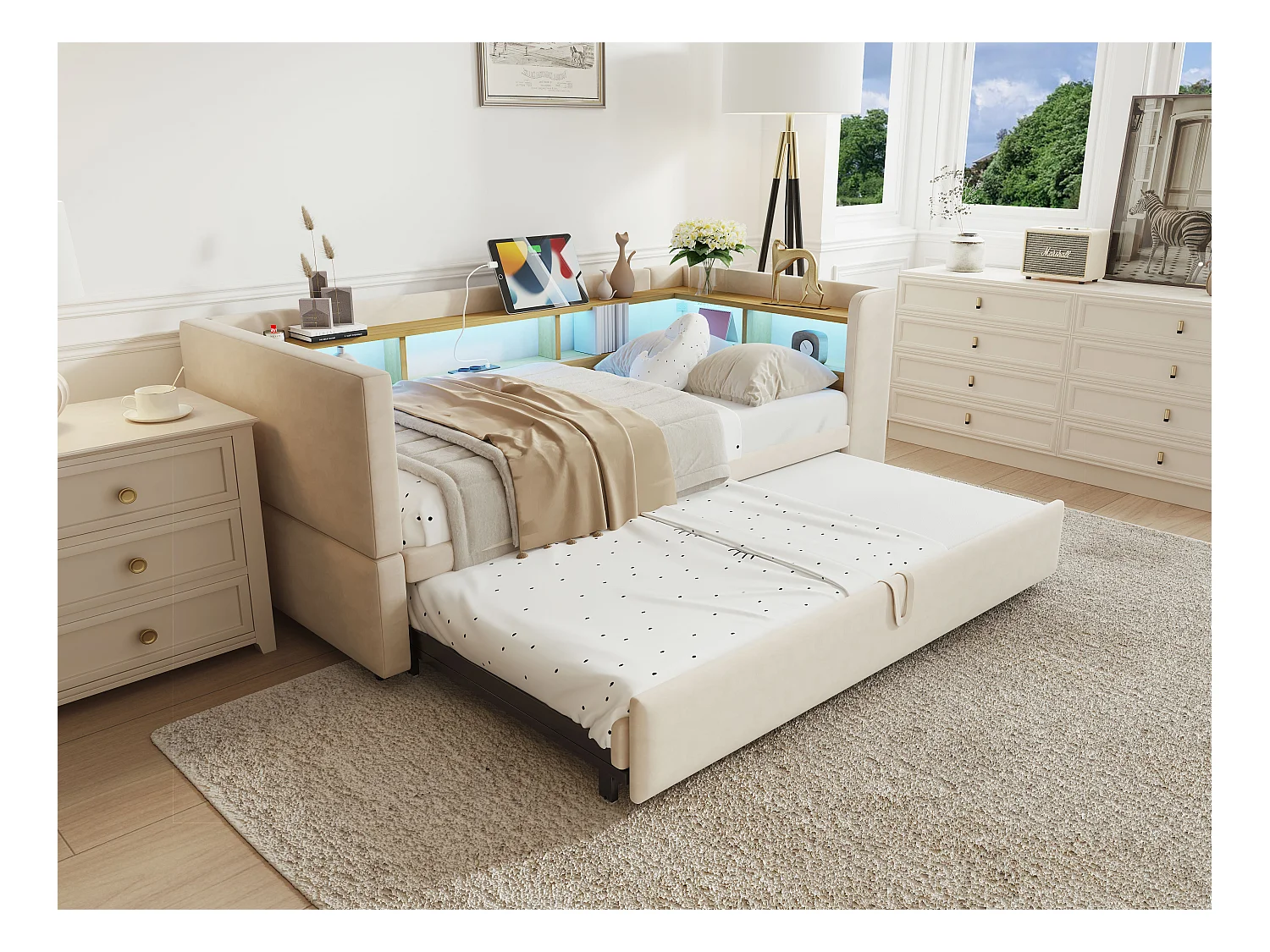 Sofá-cama conversível de 2 lugares 180 x 190 cm com LED e USB, cama estofada com armazenamento, bege