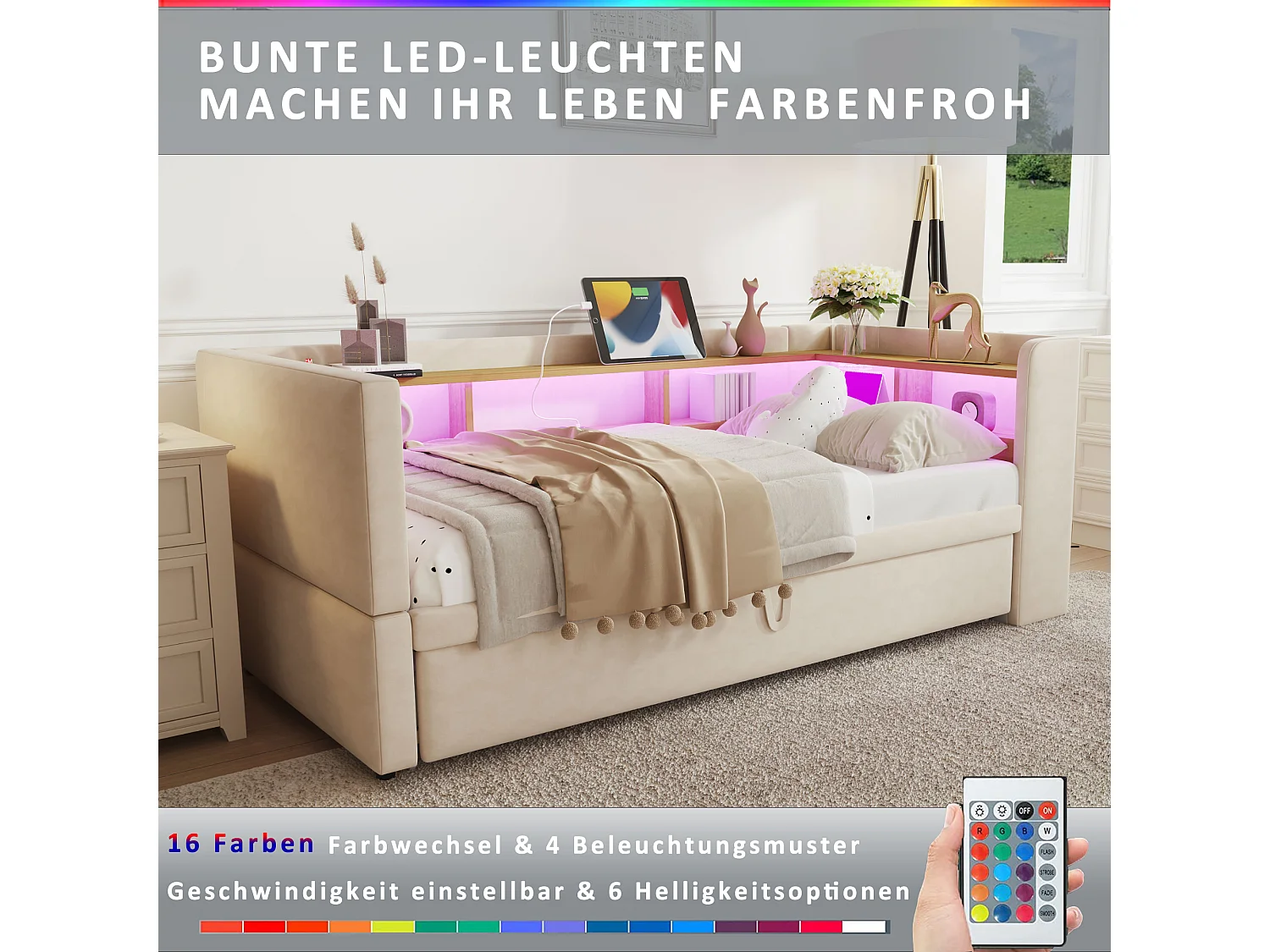 Canapé lit 2 Places Convertible 180 x 190 cm avec LED et USB, Lit rembourré avec Rangement , Beige