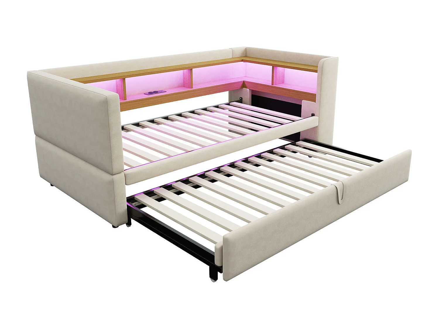 Canapé lit 2 Places Convertible 180 x 190 cm avec LED et USB, Lit rembourré avec Rangement , Beige