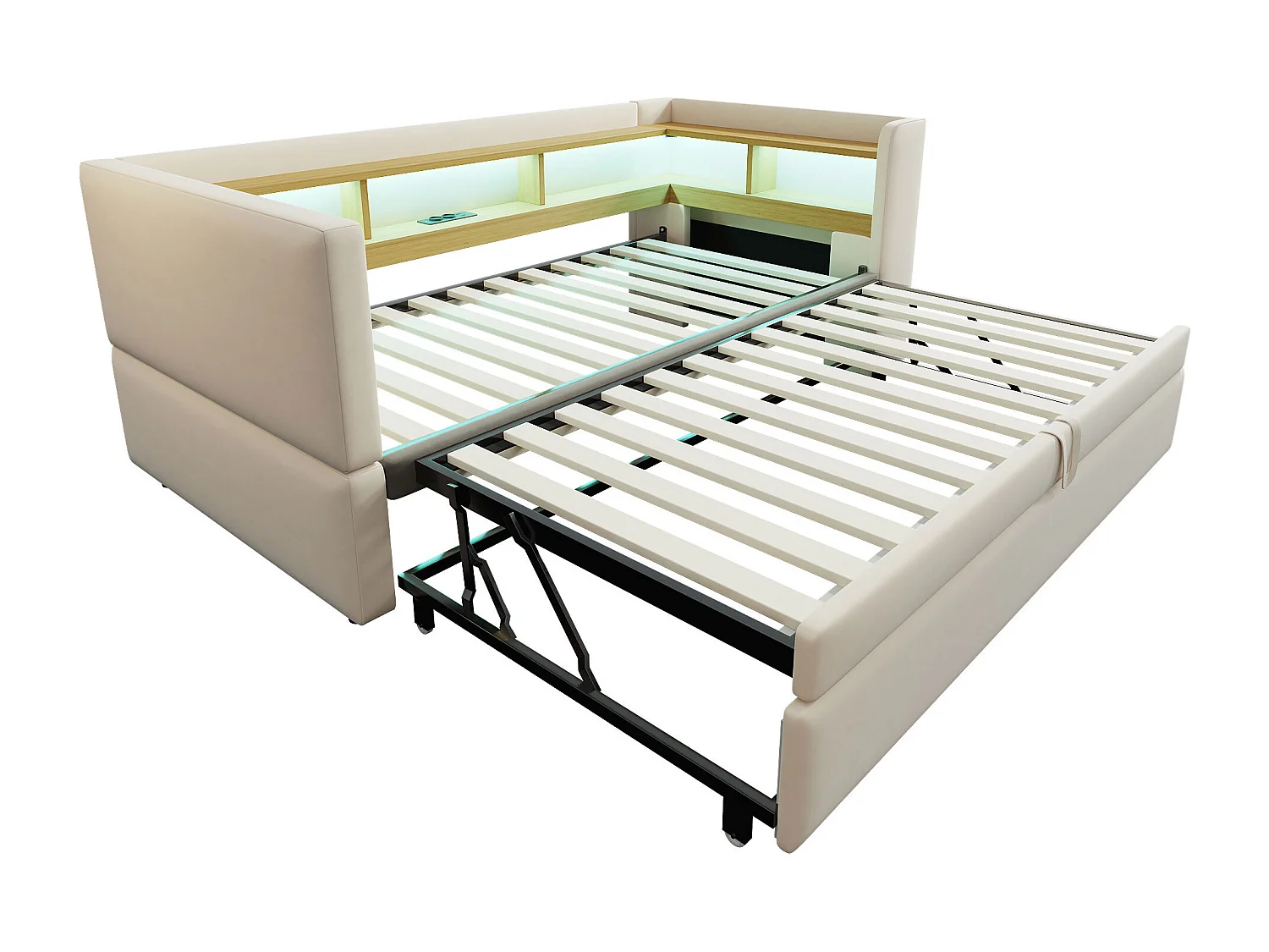 Canapé lit 2 Places Convertible 180 x 190 cm avec LED et USB, Lit rembourré avec Rangement , Beige