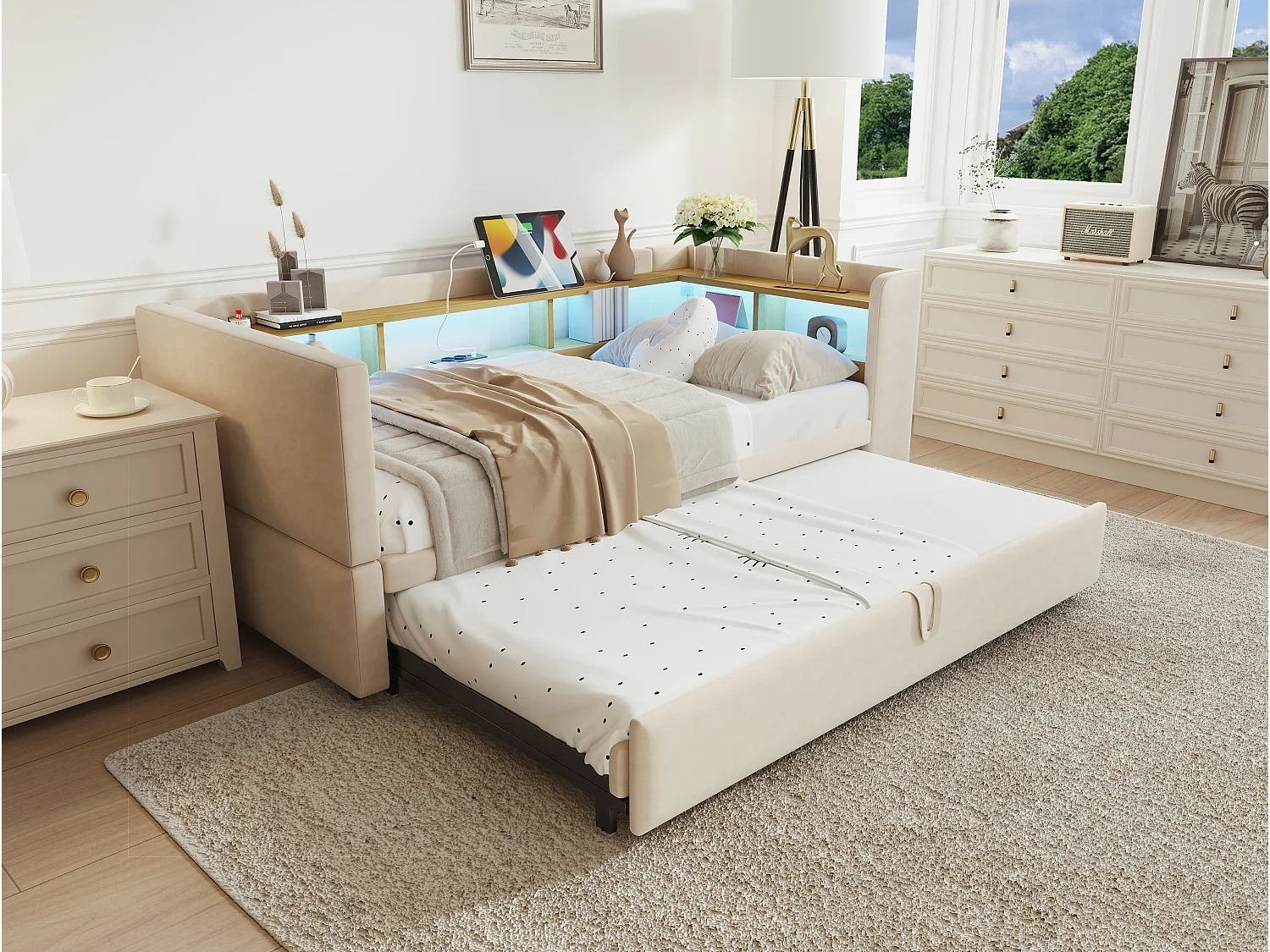 Canapé lit 2 Places Convertible 180 x 190 cm avec LED et USB, Lit rembourré avec Rangement , Beige