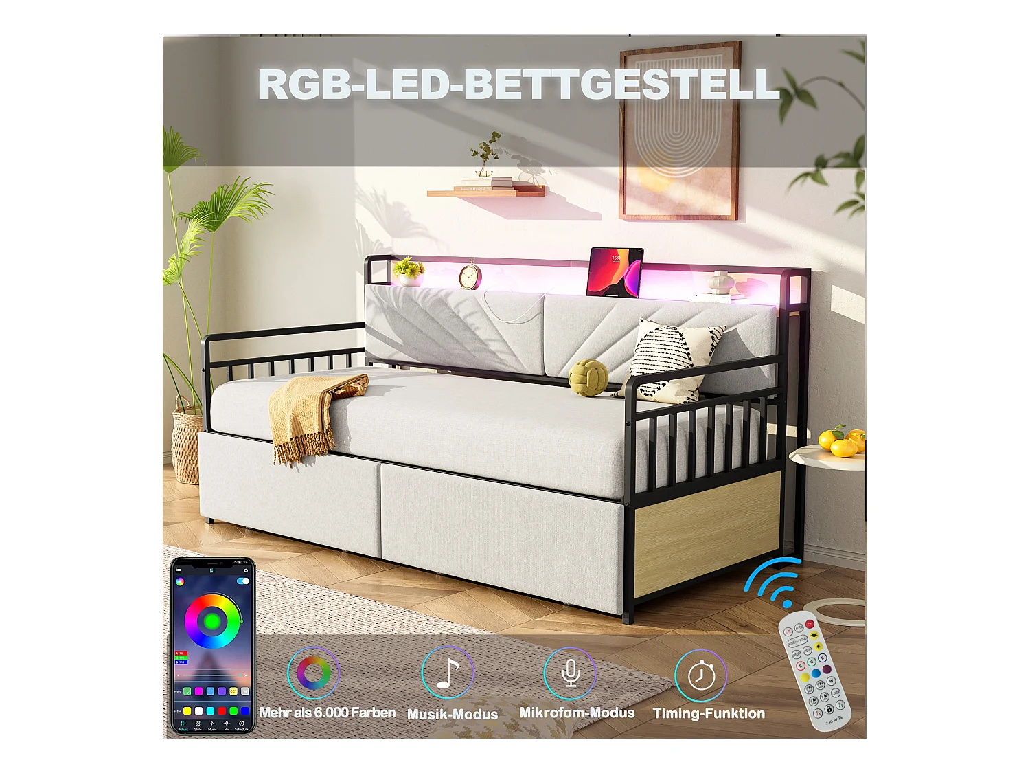 Canapé Lit 90x200cm avec éclairage LED, Prise de Charge et 2 Tiroirs Rangements, Cadre en Fer, Beige