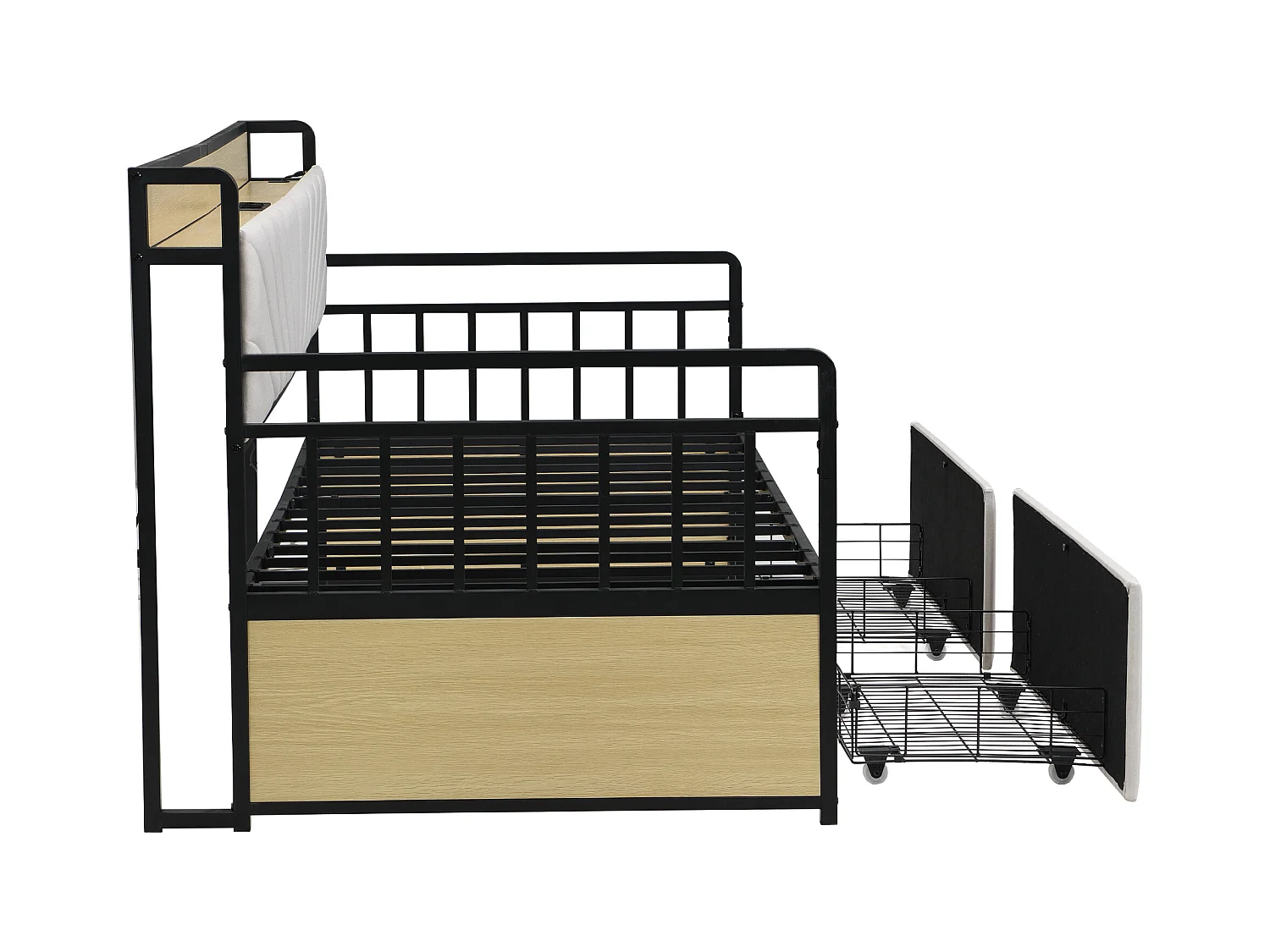 Canapé Lit 90x200cm avec éclairage LED, Prise de Charge et 2 Tiroirs Rangements, Cadre en Fer, Beige