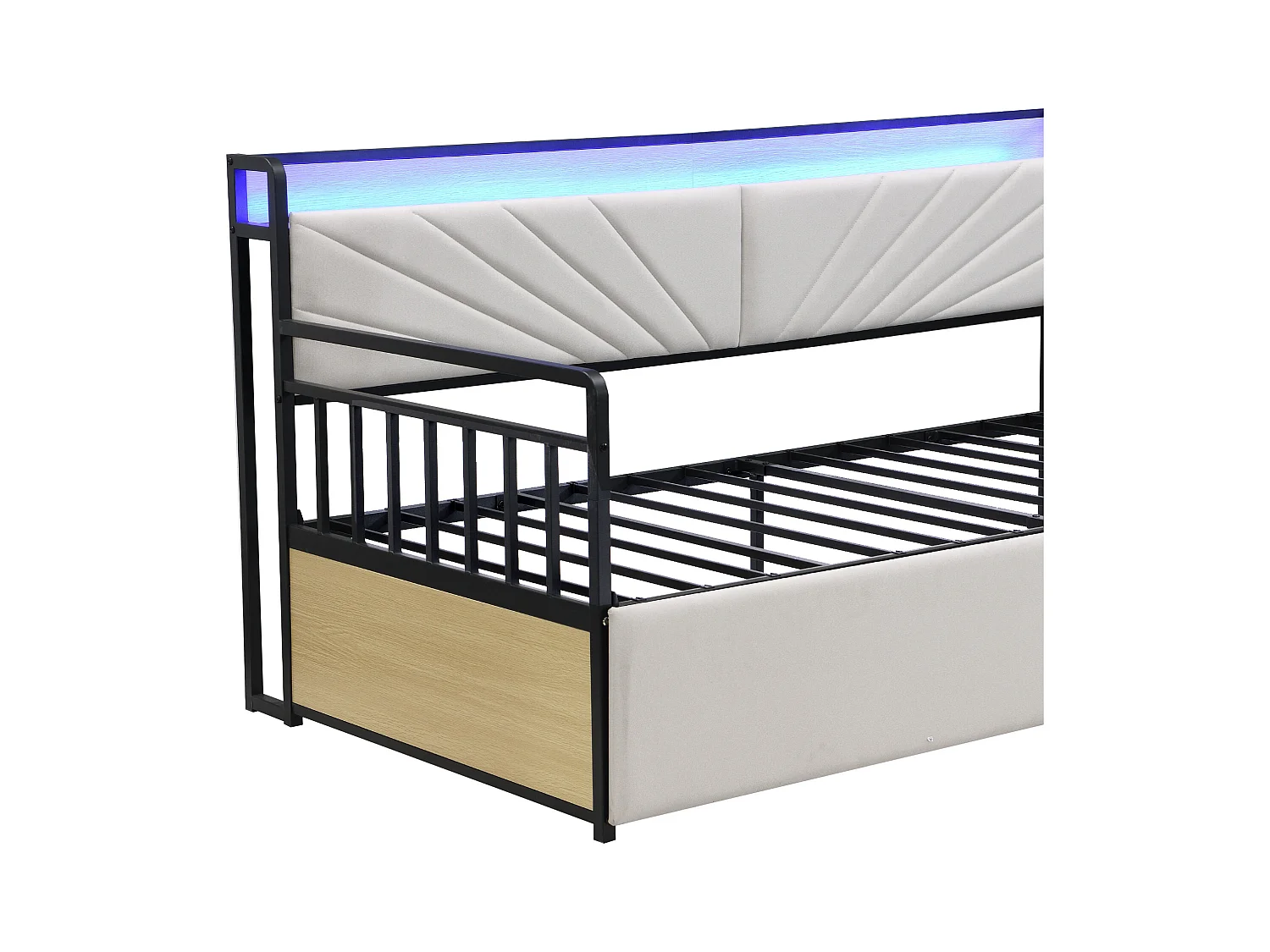Canapé Lit 90x200cm avec éclairage LED, Prise de Charge et 2 Tiroirs Rangements, Cadre en Fer, Beige